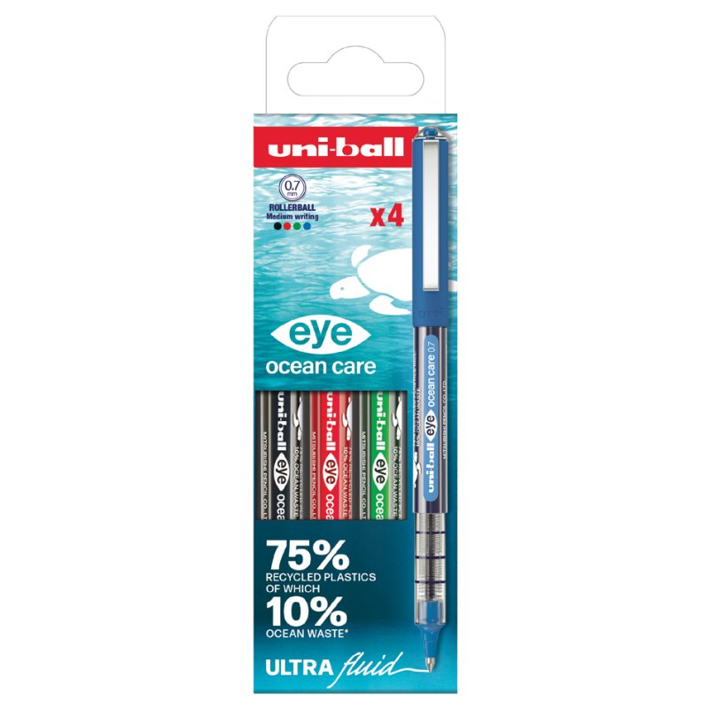 uni-ball rollerpen eye ocean care, 0,7 mm, gerecycled, 4 stuks